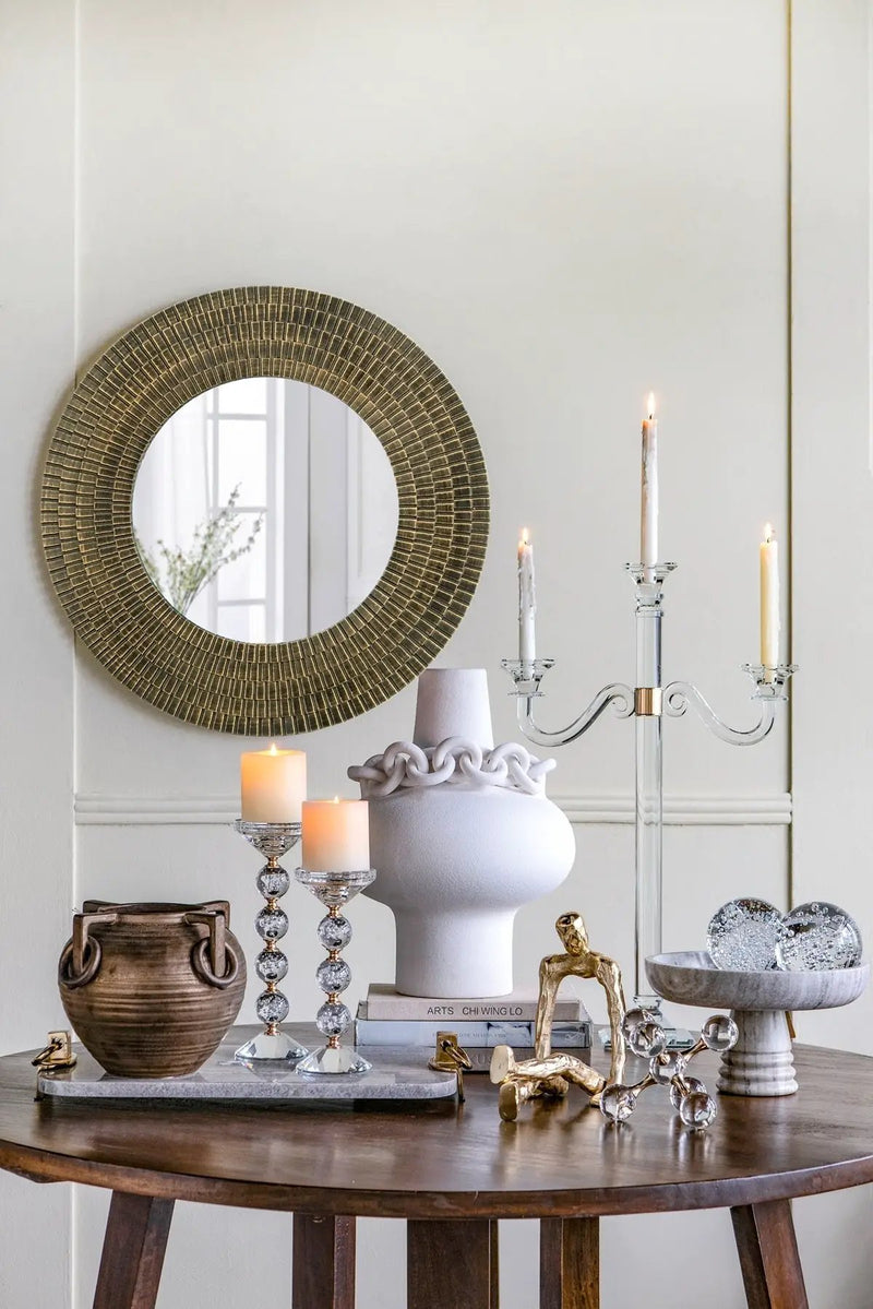 29.5" Round Gold and Black Wooden Accent Mirror with Woven Texture by HouseOfZazla