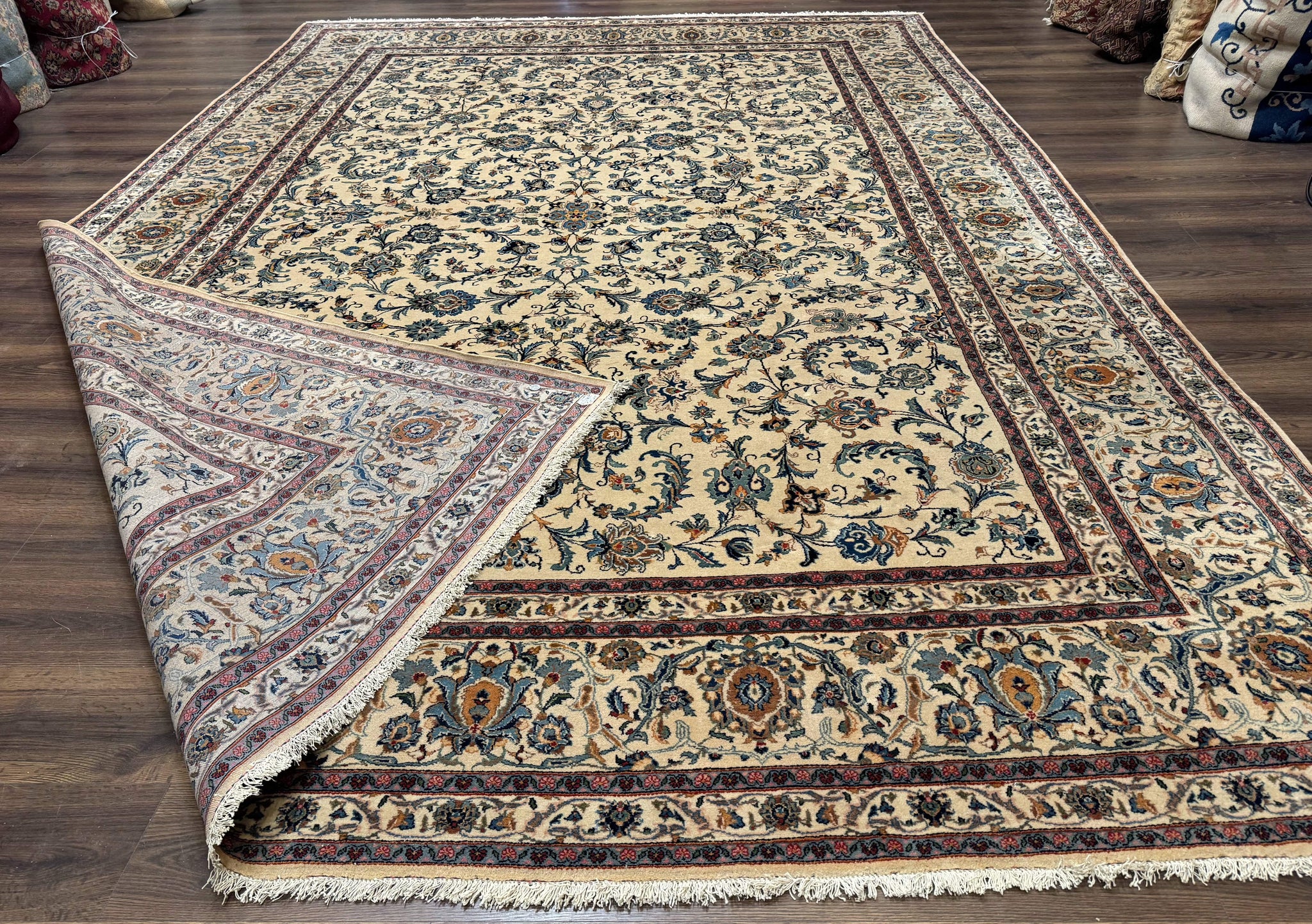 Persian Kashan Rug 10x14, Bone - Beige and Blue, Allover Pattern, Traditional Persian Carpet, Fine 260 KPSI by Jewel Rugs