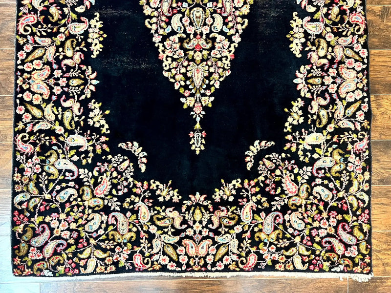 Antique Persian Kirman Rug 5x8, Floral Kirman, Midnight Blue/Black, Semi Open Field, Handmade Vintage Wool Carpet by Jewel Rugs