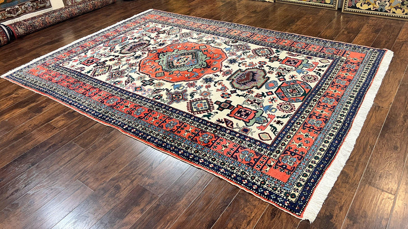 Persian Tribal Rug 8x11, Persian Ardabil Rug, Geometric Medallion Animal Pictorial Rug, Ivory Red Blue, Hand Knotted Vintage Wool Carpet by Jewel Rugs