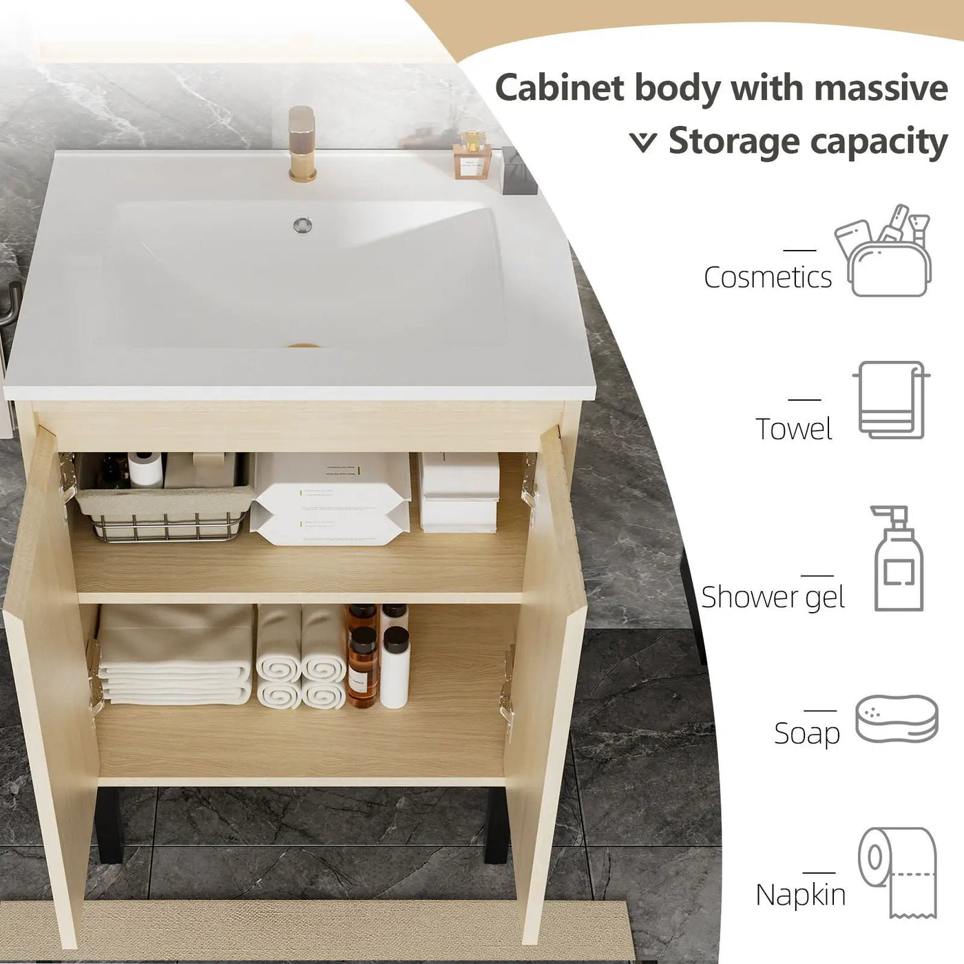 Bathroom Vanity With Ceramic Sink, Floor-Standing Design, Soft-Closing Drawers by HouseOfZazla
