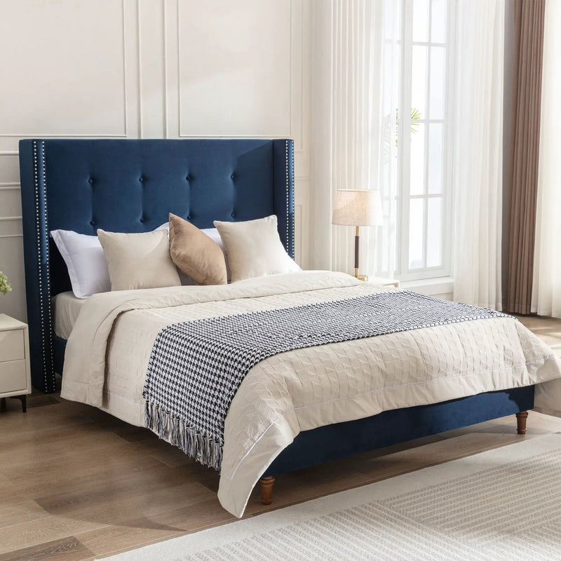 Peyton Upholstered Queen Bed with 54' High Headboard and Traditional Buttoned Tufting in Blue Velvet by BLAKHOM
