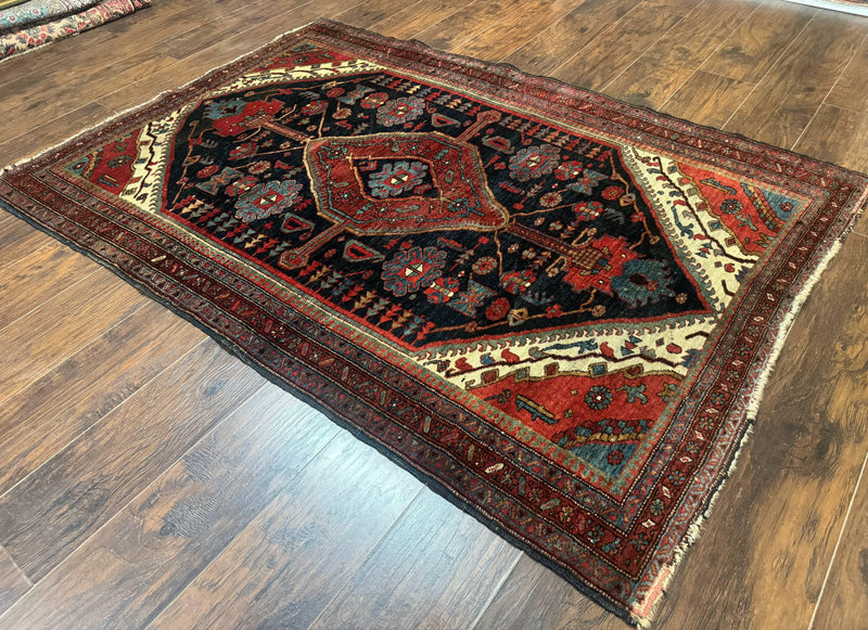 Antique Persian Bidjar Rug 5x6, Navy Blue and Red, Persian Tribal Rug by Jewel Rugs