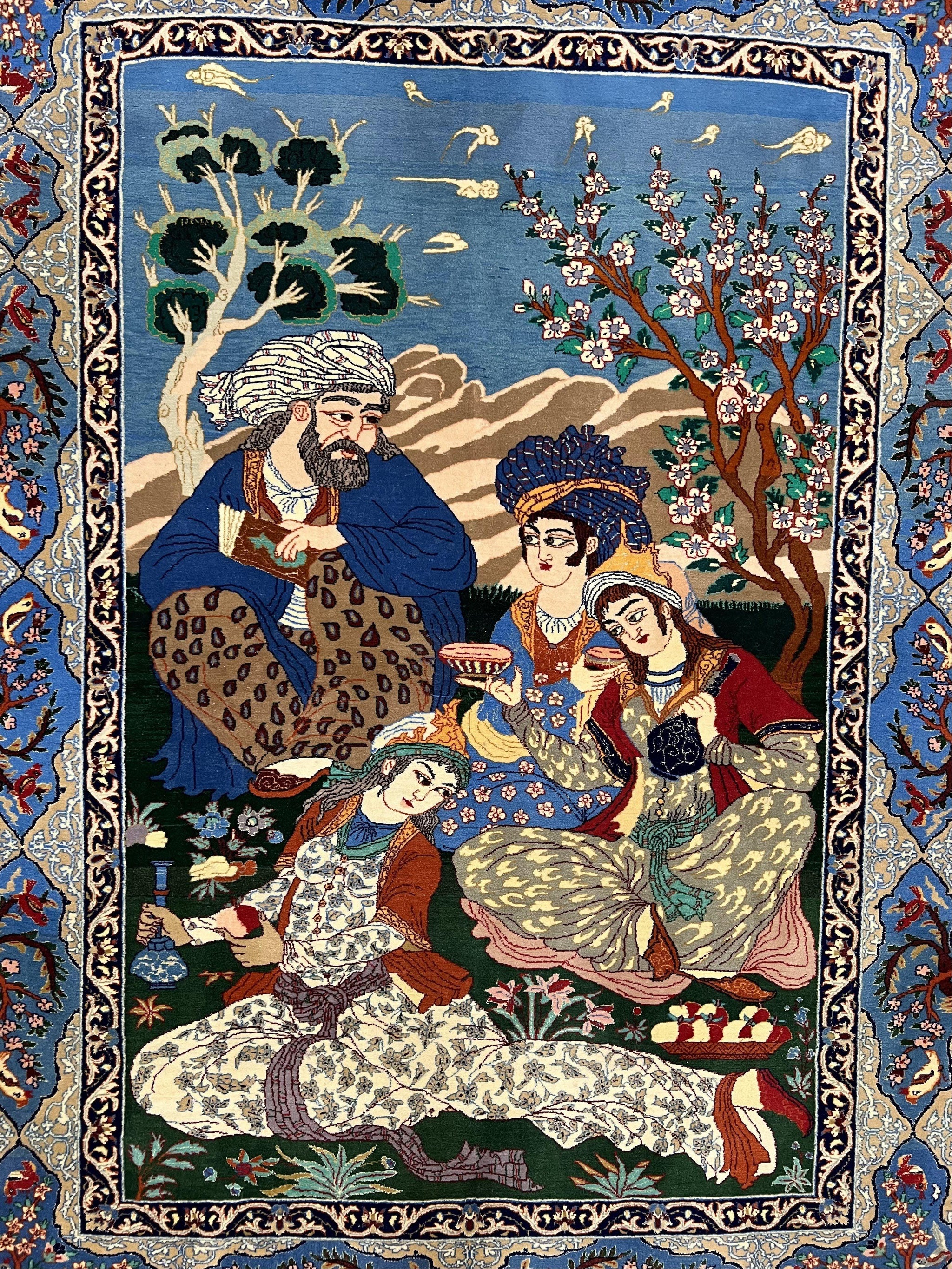 Fine Persian Isfahan Pictorial Rug 3.7 x 5, Kork Wool on Silk Foundation, Blue Persian Carpet, Hand Knotted, Humans Birds, High KPSI, Semi Antique by Jewel Rugs