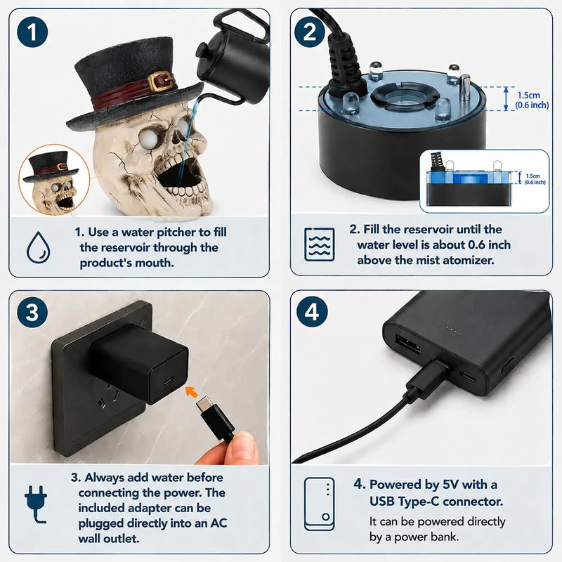 LED Light-Up Skull with Top Hat & Mist Maker by HouseOfZazla
