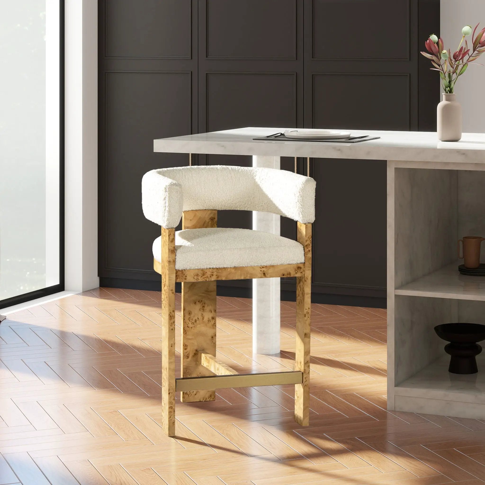 Vavona - Burl Upholstered Barrel Back Counter Height Bar Stool - Polar Off White by Unique Piece Furniture