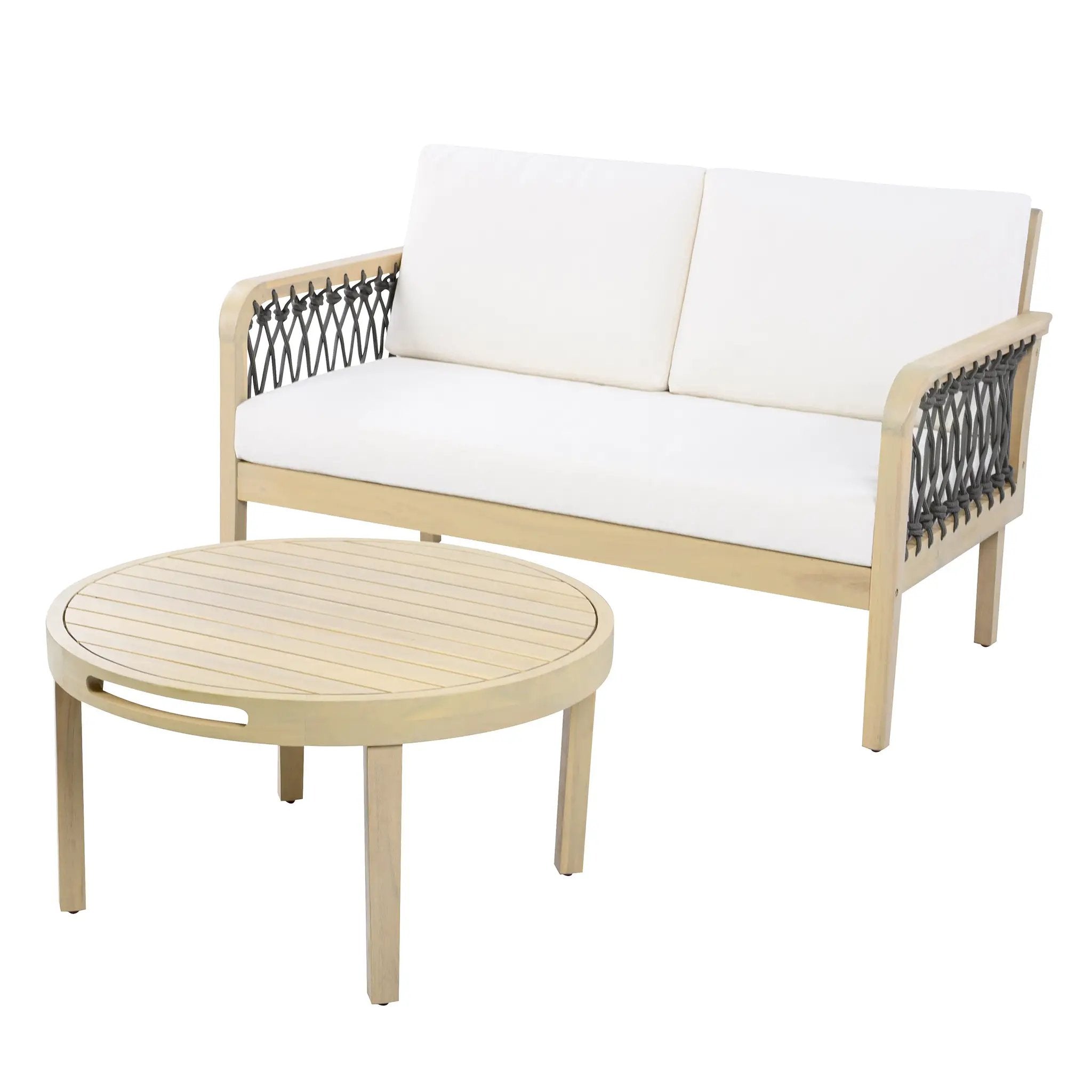 Outdoor Acacia Wood Loveseat & Coffee Table Set with Handwoven Rope, Light Teak by HouseOfZazla