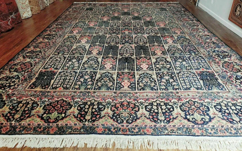 Persian Rug 10x15, Authentic Oriental Carpet 10 x 15, Wool Area Rug Panel Design Hand-Knotted Vintage Kirman Yazd Rug, Dark Blue and Beige, Floral by Jewel Rugs