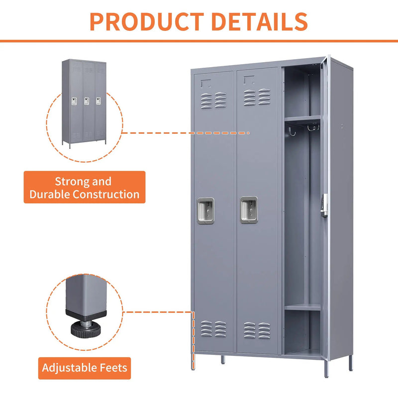 3 Door Lockers With Lock For Home, Gym, Office, School, And Garage - Gray by Unique Piece Furniture