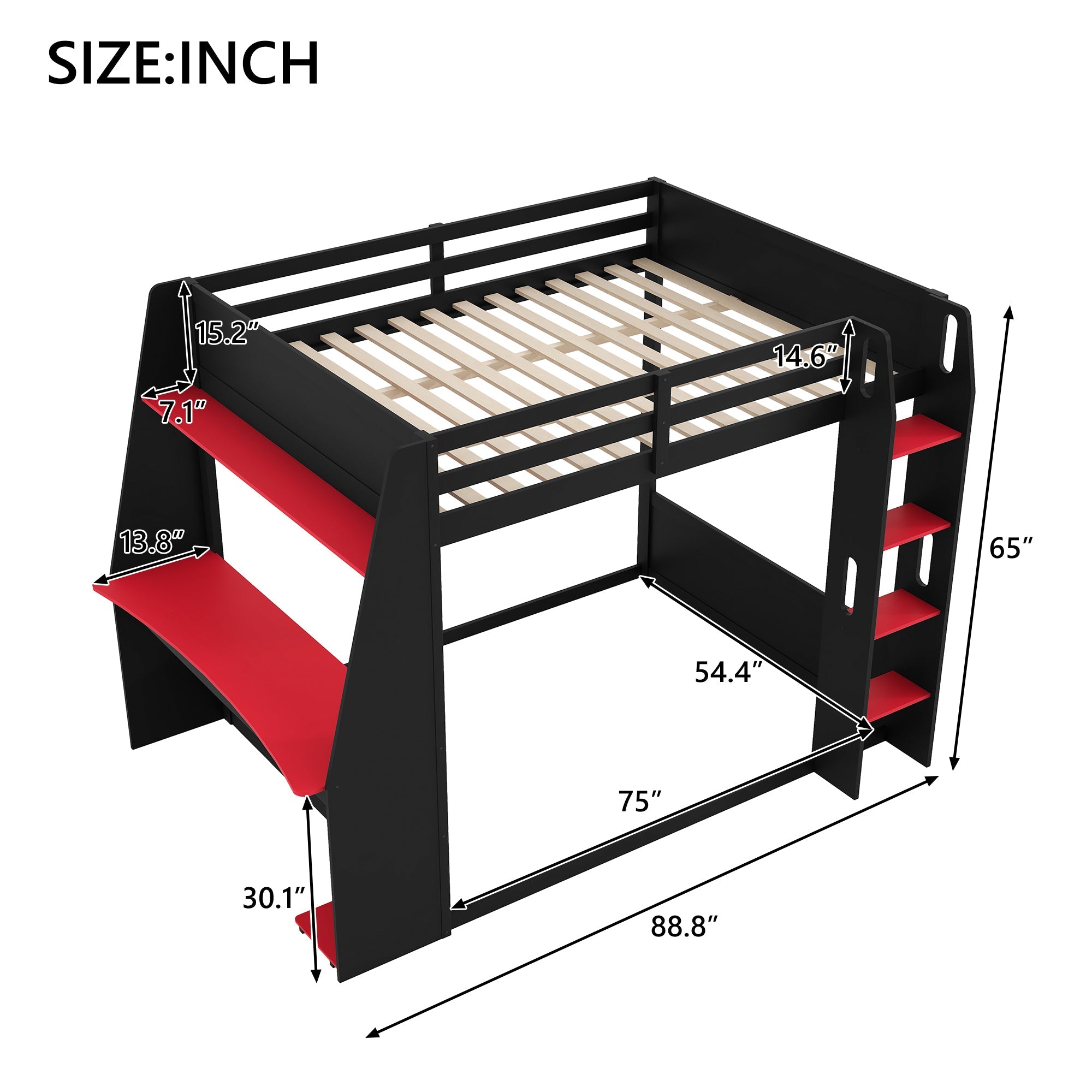 Full Size Wooden Gaming Bunk Bed with Desk, Two Storage Shelves, USB and LED Light by HouseOfZazla