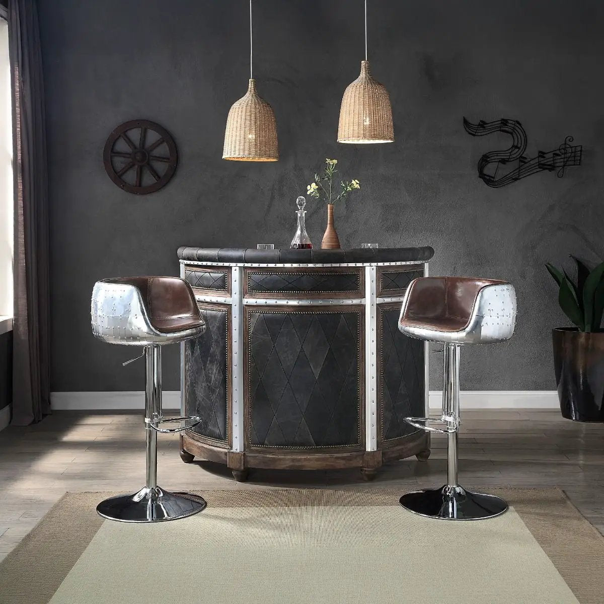 Brancaster - 41" Adjustable Stool With Swivel - Vintage Brown Top Grain Leather & Aluminum by Unique Piece Furniture