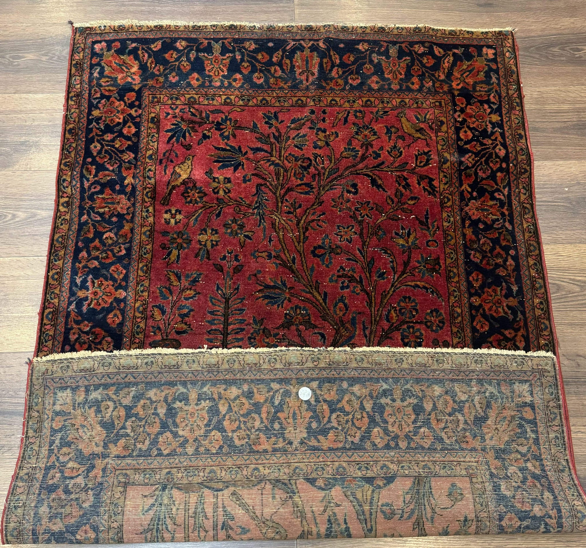 Antique Persian Tree of Life Rug 3x5, Manchester Wool, Bird Pictorials, Fine 240 KPSI, Red Navy Blue by Jewel Rugs