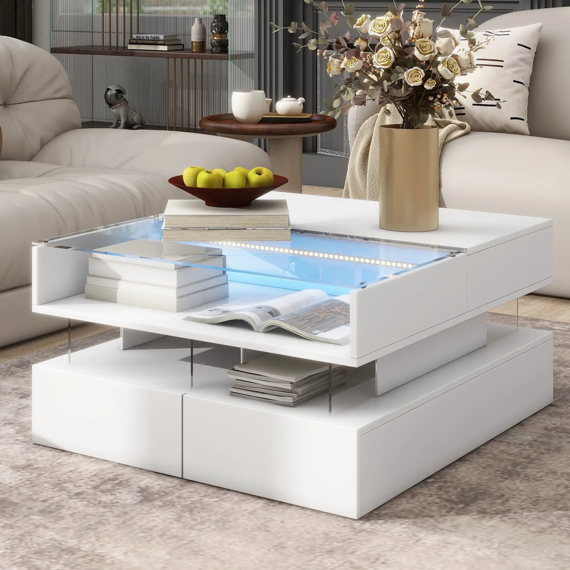 Lift Top Coffee Table With 2 Drawers, Hidden Space And LED Lights For Living Room by HouseOfZazla