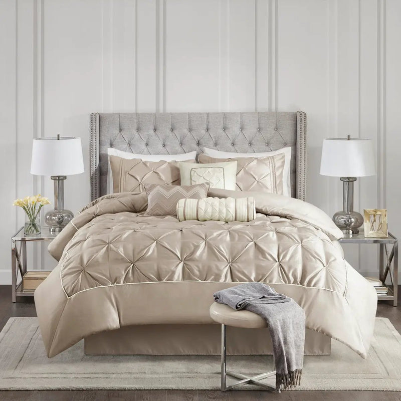 7 Piece Tufted Comforter Set Taupe Queen by HouseOfZazla