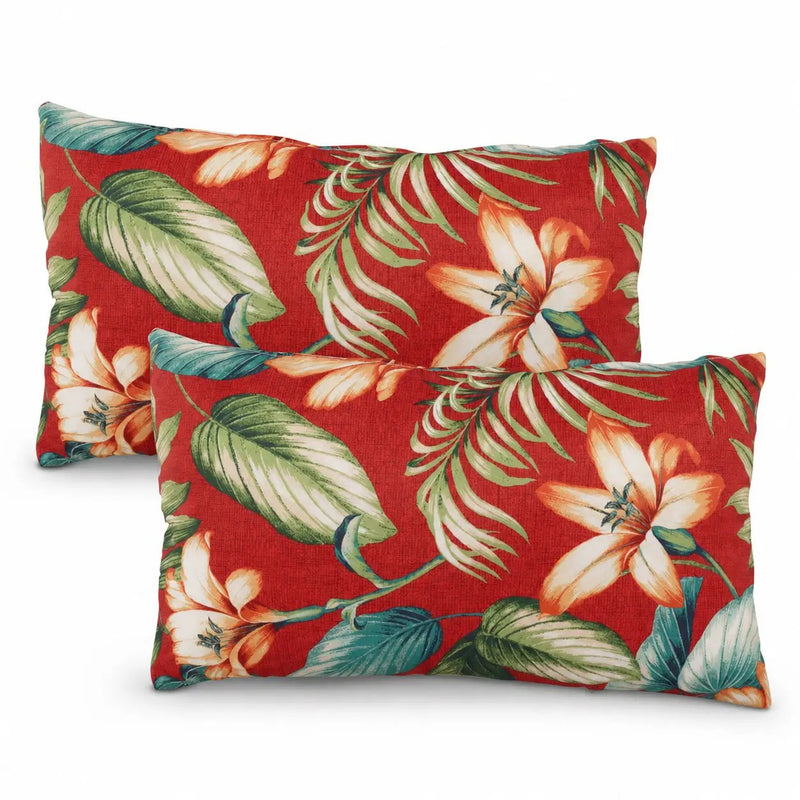 2 Pack Outdoor Lumbar Pillow Covers - Red Tropical by HouseOfZazla