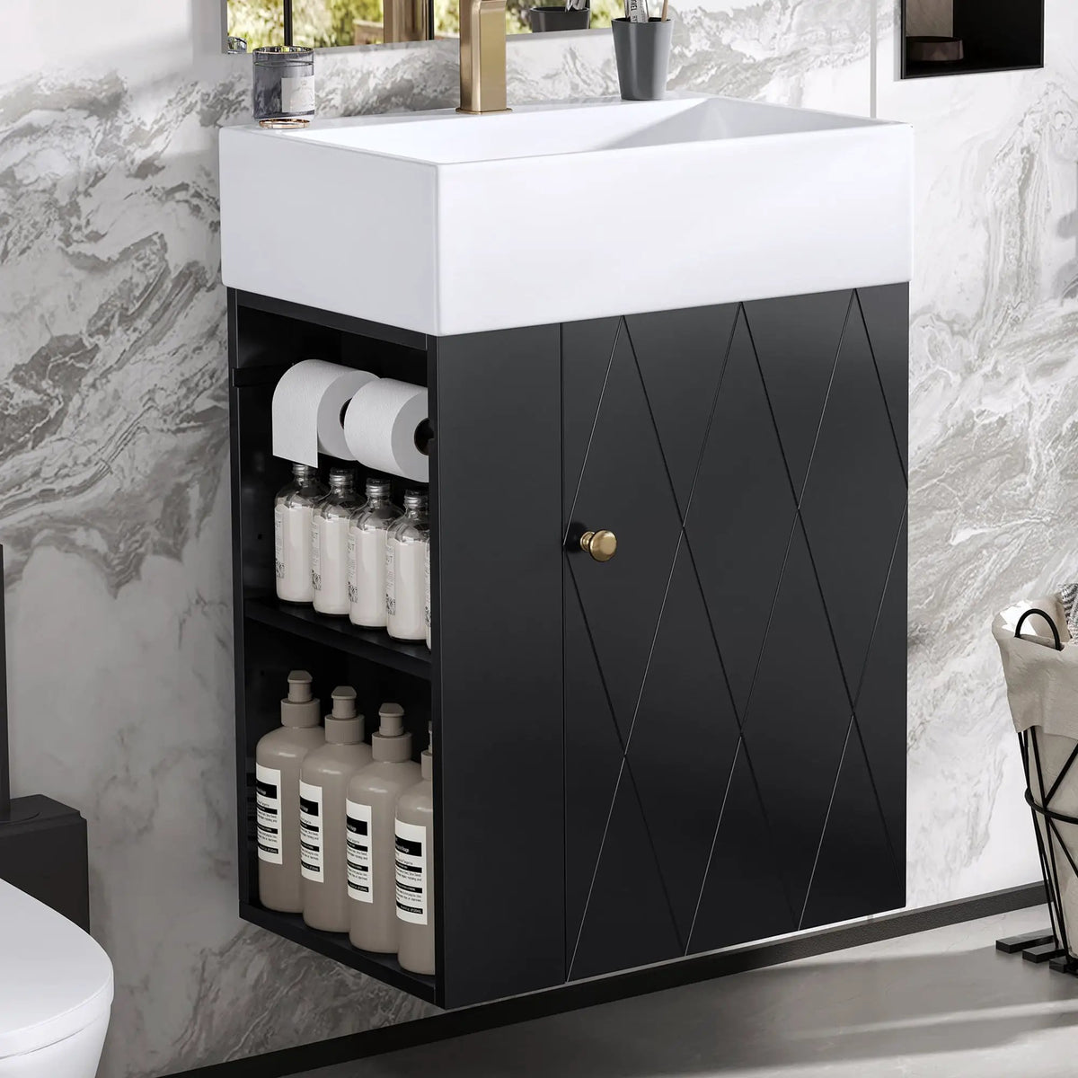 20 Inch Bathroom Vanity with Ceramic Sink, Diamond Pattern Door Design by HouseOfZazla