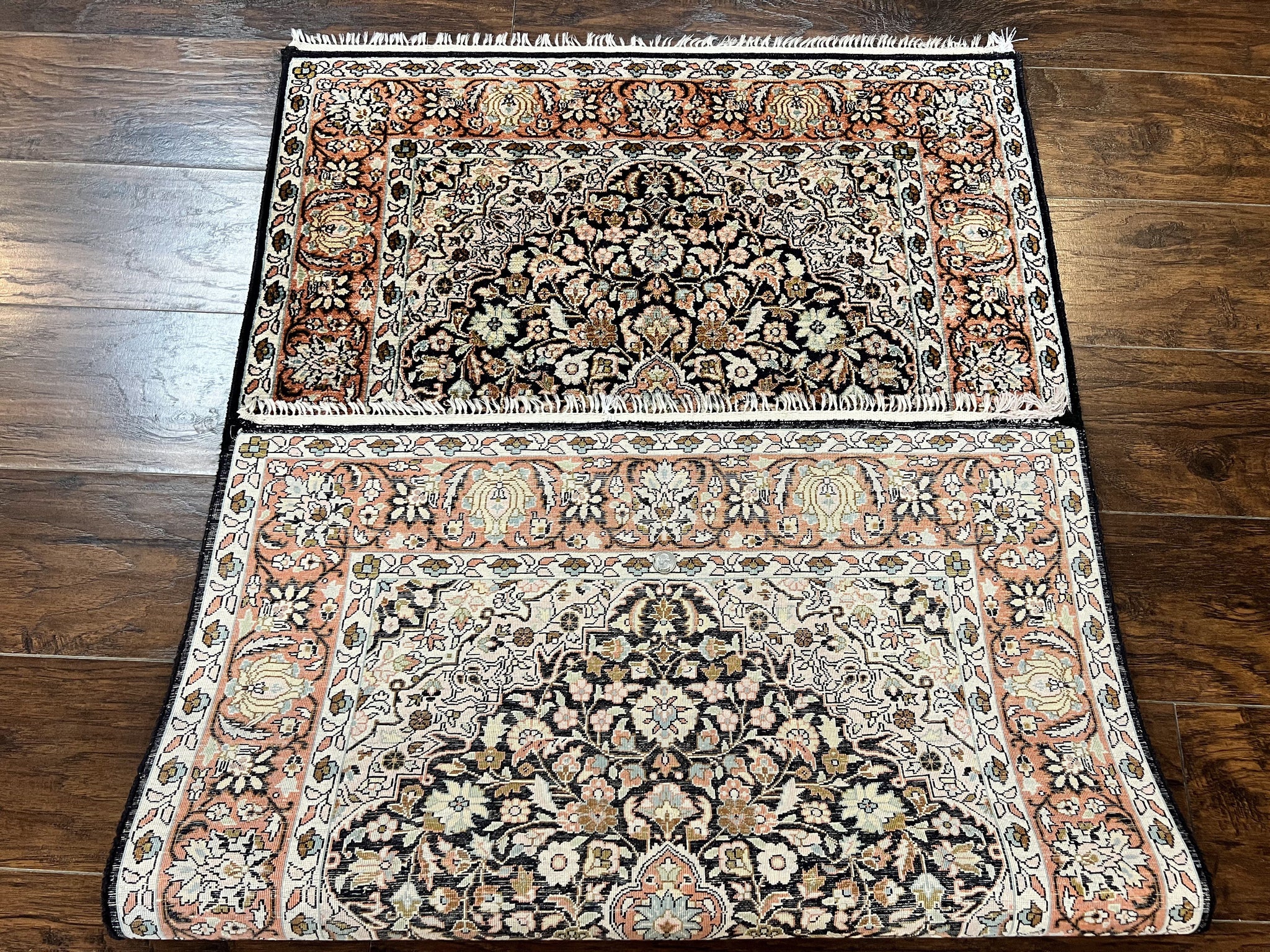 Silk Indian Kashmiri Rug 3x5, Indo Persian Silk on Silk Carpet, Very Fine 350 KPSI, Navy Blue, Handmade, Floral Medallion by Jewel Rugs