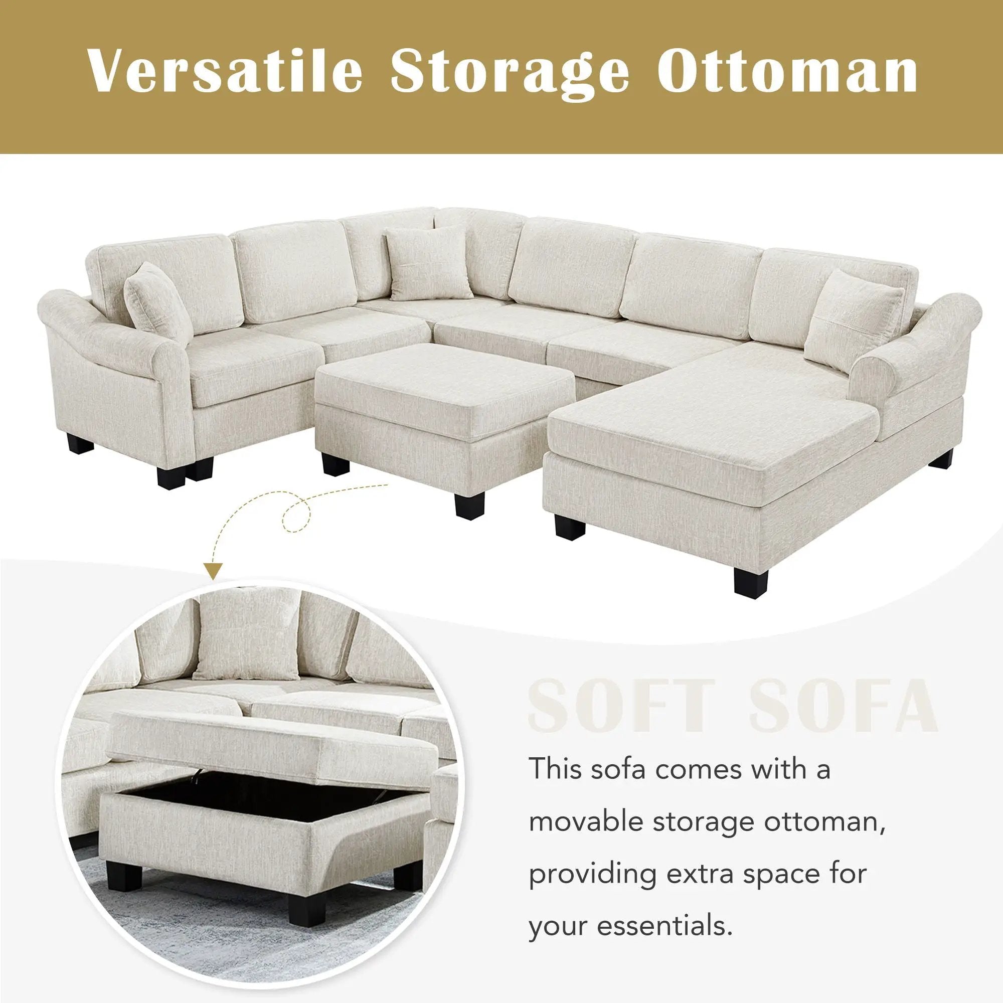 Contemporary U - Shaped Sectional Sofa With Movable Storage Ottoman by Unique Piece Furniture