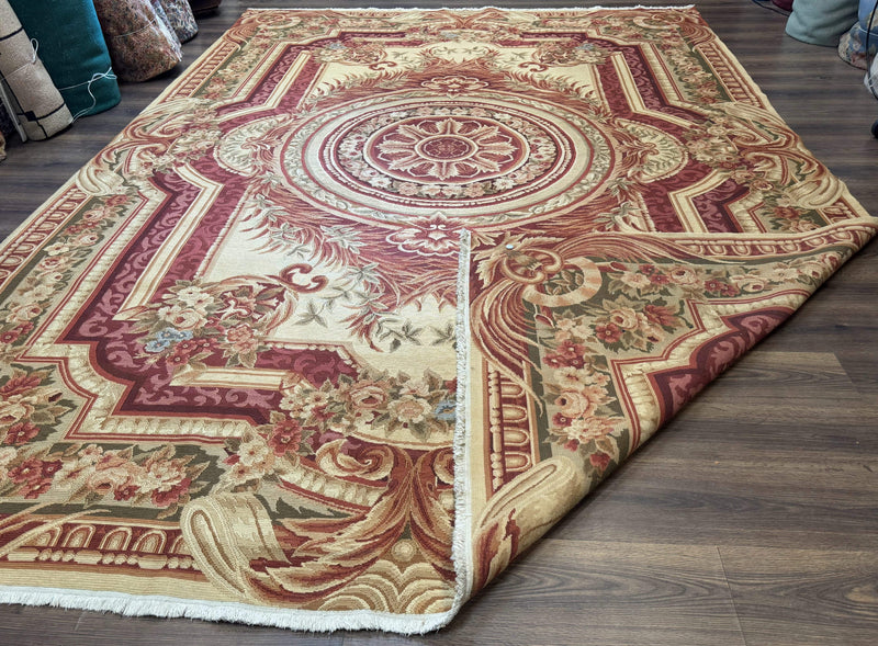 Large Aubusson Rug 10x13, Thick Flatweave Carpet, Elegant European Design, Cream and Raspberry by Jewel Rugs