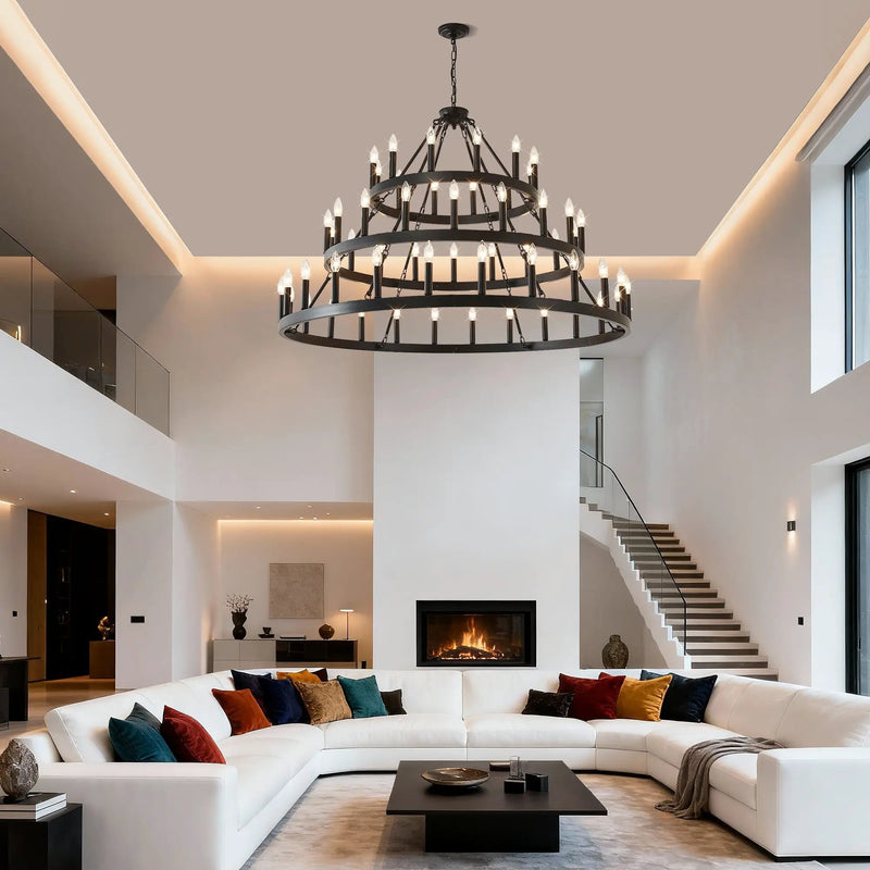 3 Tiers Wagon Wheel Chandelier - 54-Light Matte Black Metal by HouseOfZazla