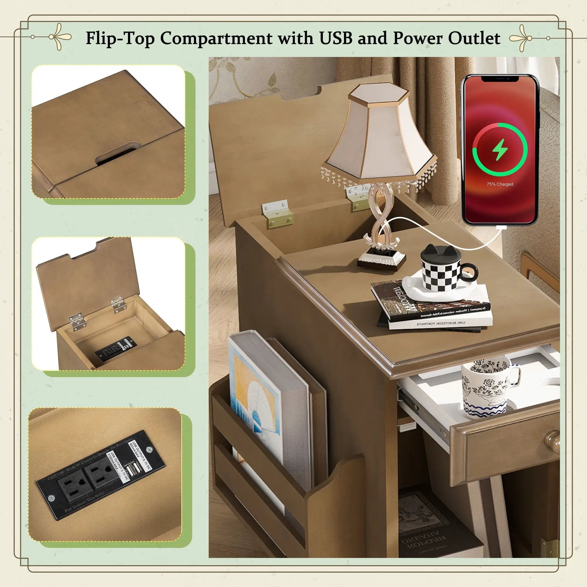 Vintage Flip Top Side Table With USB Ports by HouseOfZazla