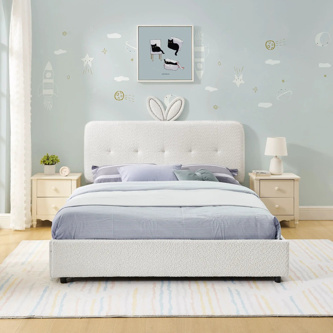 Upholstered Bed With Oversized Rabbit Ear Headboard, LED Lights & 4 Storage Drawers by Unique Piece Furniture