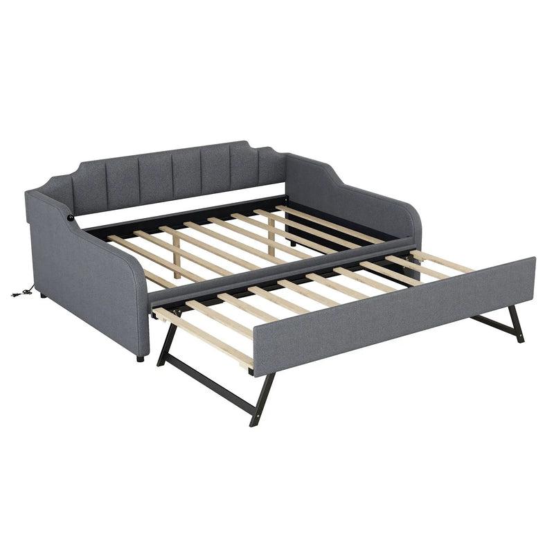 Full Size Upholstered Daybed With Trundle And USB Charging - Gray by Unique Piece Furniture