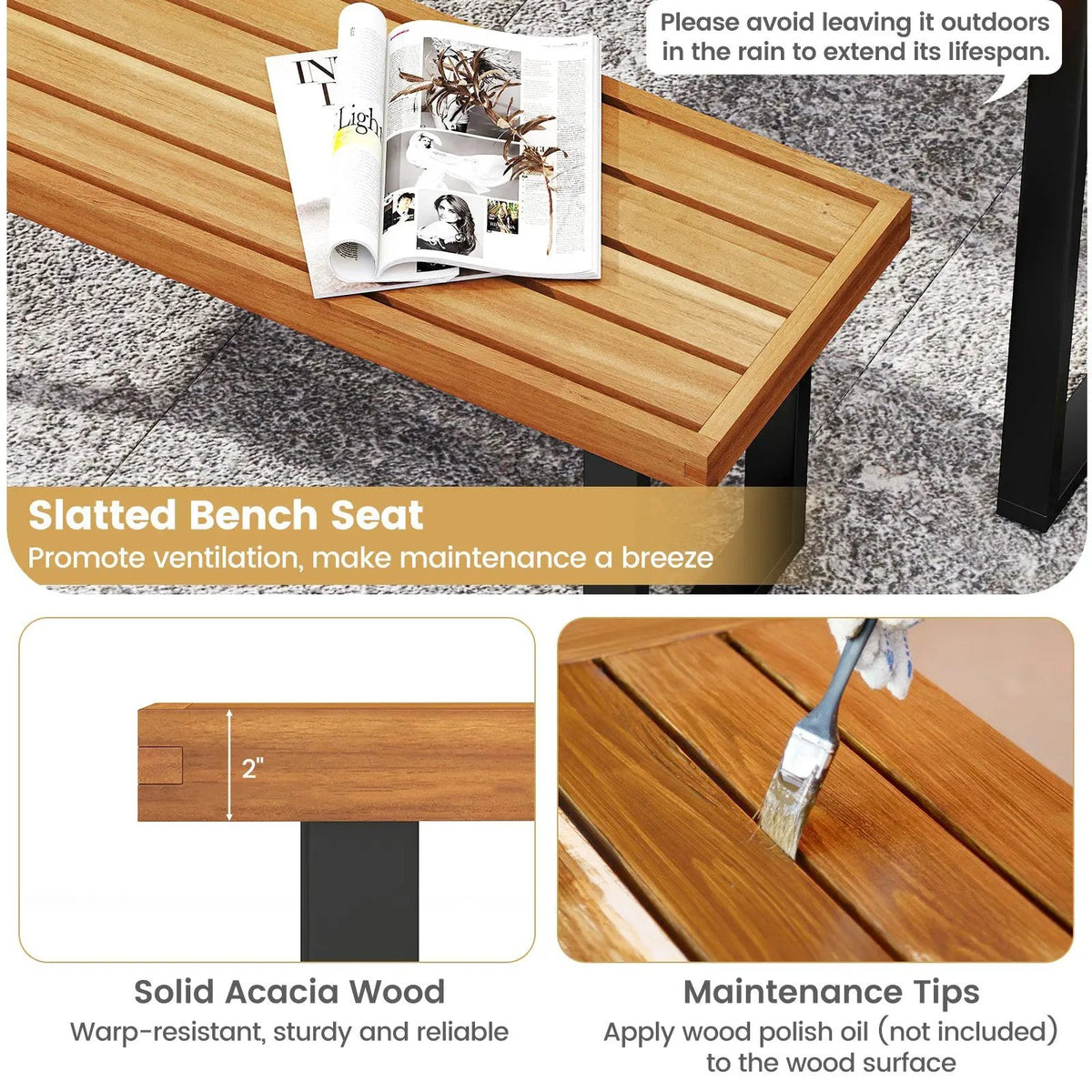 Acacia Wood Outdoor Bench 48 Inch Long Patio Dining Bench, photo 14 of 16