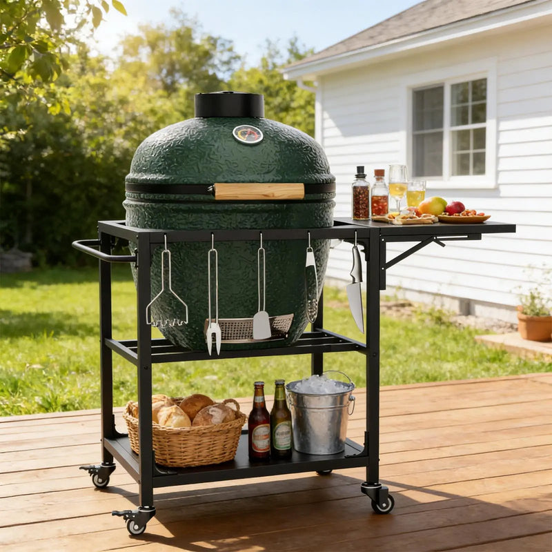 Outdoor Grill Table, Prep Cart With Wheels, Storage Shelf And Hooks - Black by HouseOfZazla