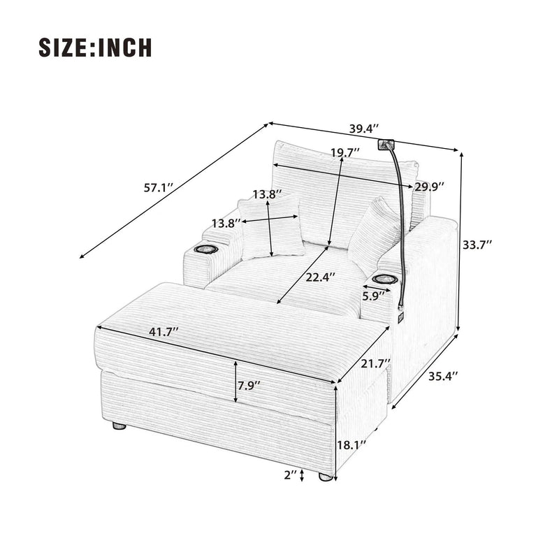 Single Sofa Couch With Storage Space, Movable Ottoman, USB Ports, Cup Holders, Phone Holder