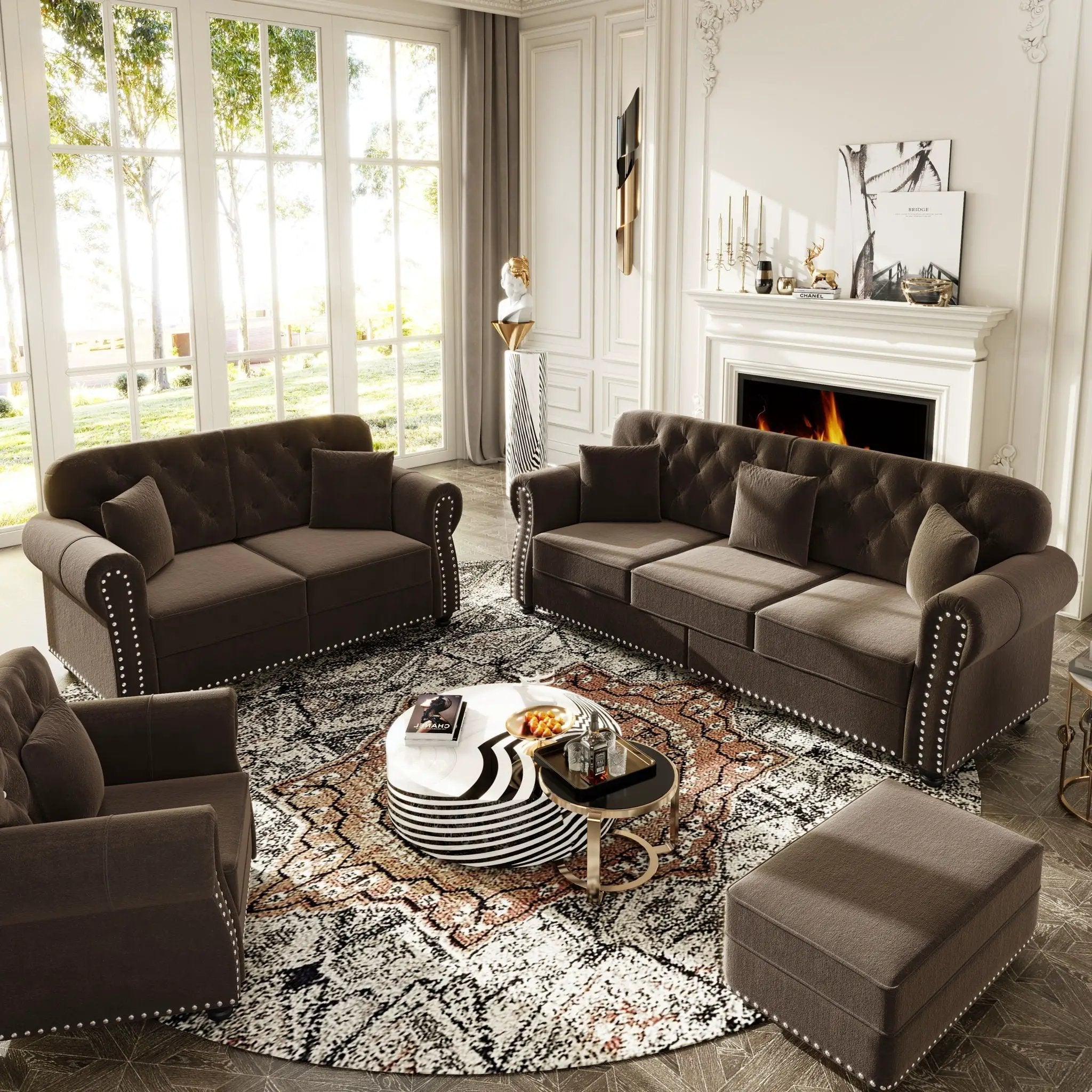 Upholstered Sofa Set With Nailhead Trim And Rolled Armrests, Includes Pillows
