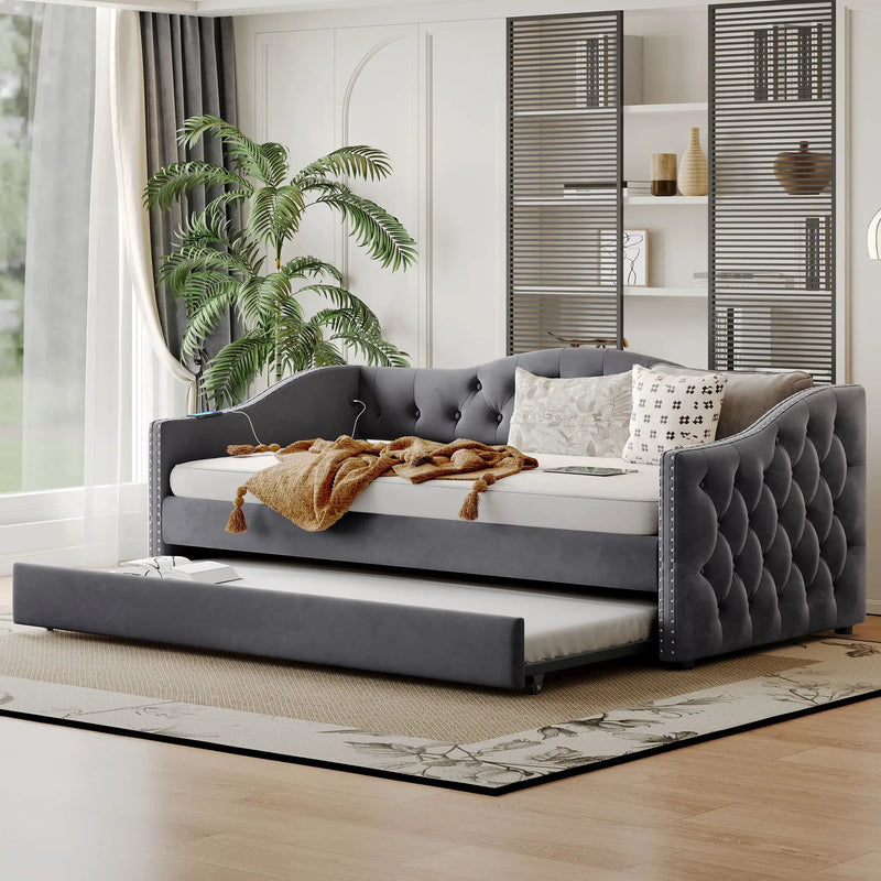 Twin Size Upholstered Daybed With Trundle And USB Charging Design For Bedroom - Gray by Unique Piece Furniture