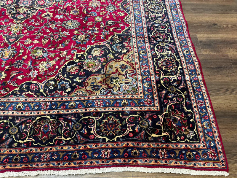 Traditional Persian Rug 8x11, Red Navy Blue, Floral Medallion, Antique Persian Mashad Carpet, Wool by Jewel Rugs