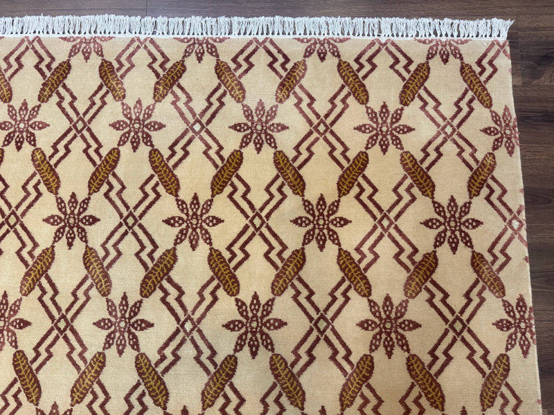 Tibetan Rug 8x10, Wool with Silk Highlights, Beige and Maroon, Contemporary Carpet by Jewel Rugs