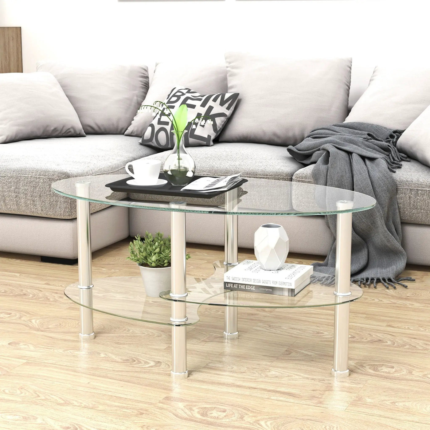 Transparent Oval Glass Coffee Table, Modern Table In Living Room Oak Wood Leg Tea Table 3-Layer Glass Table by Unique Piece Furniture