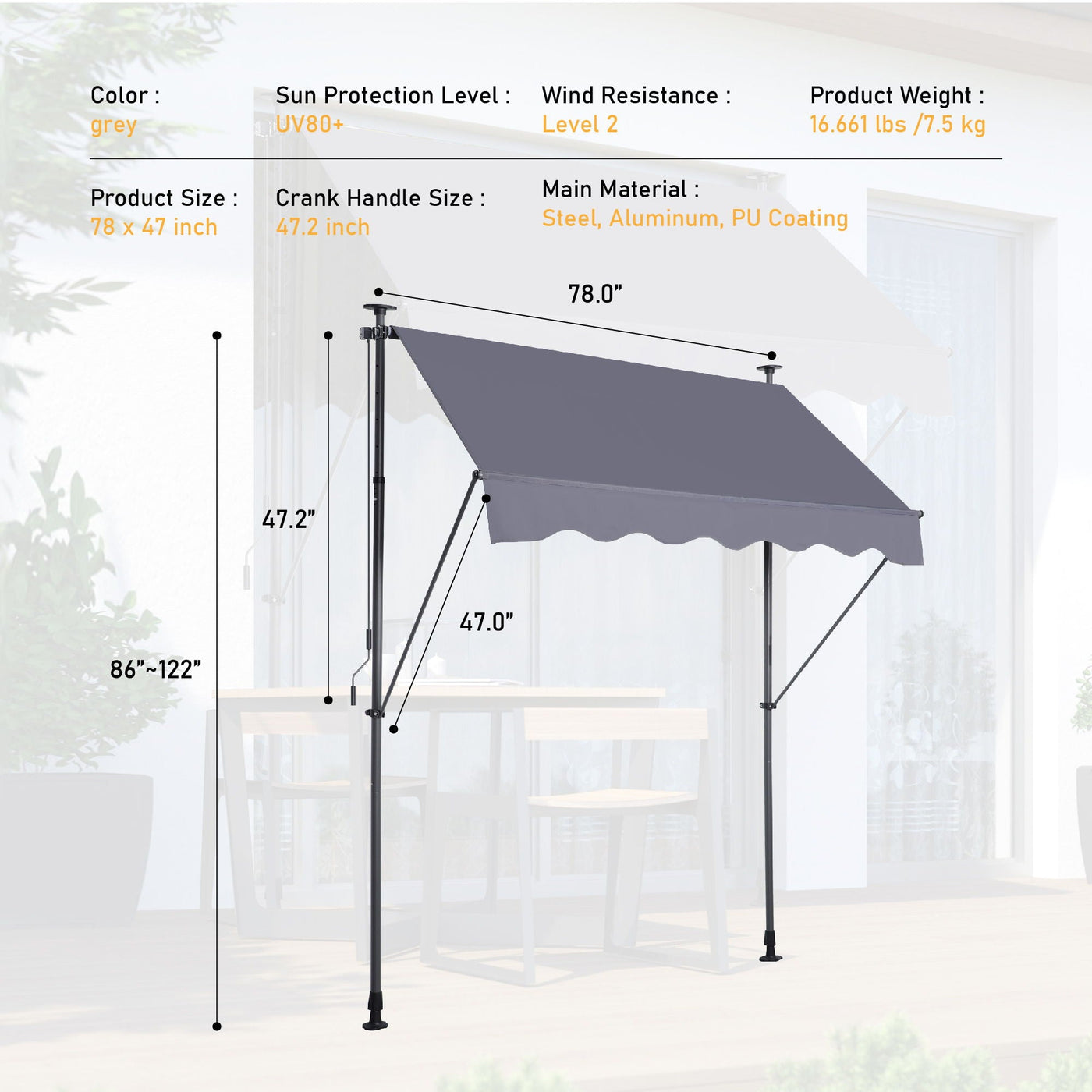 Manual Retractable Patio Awning, UV Resistant Sun Shade With No Drill Installation by Unique Piece Furniture