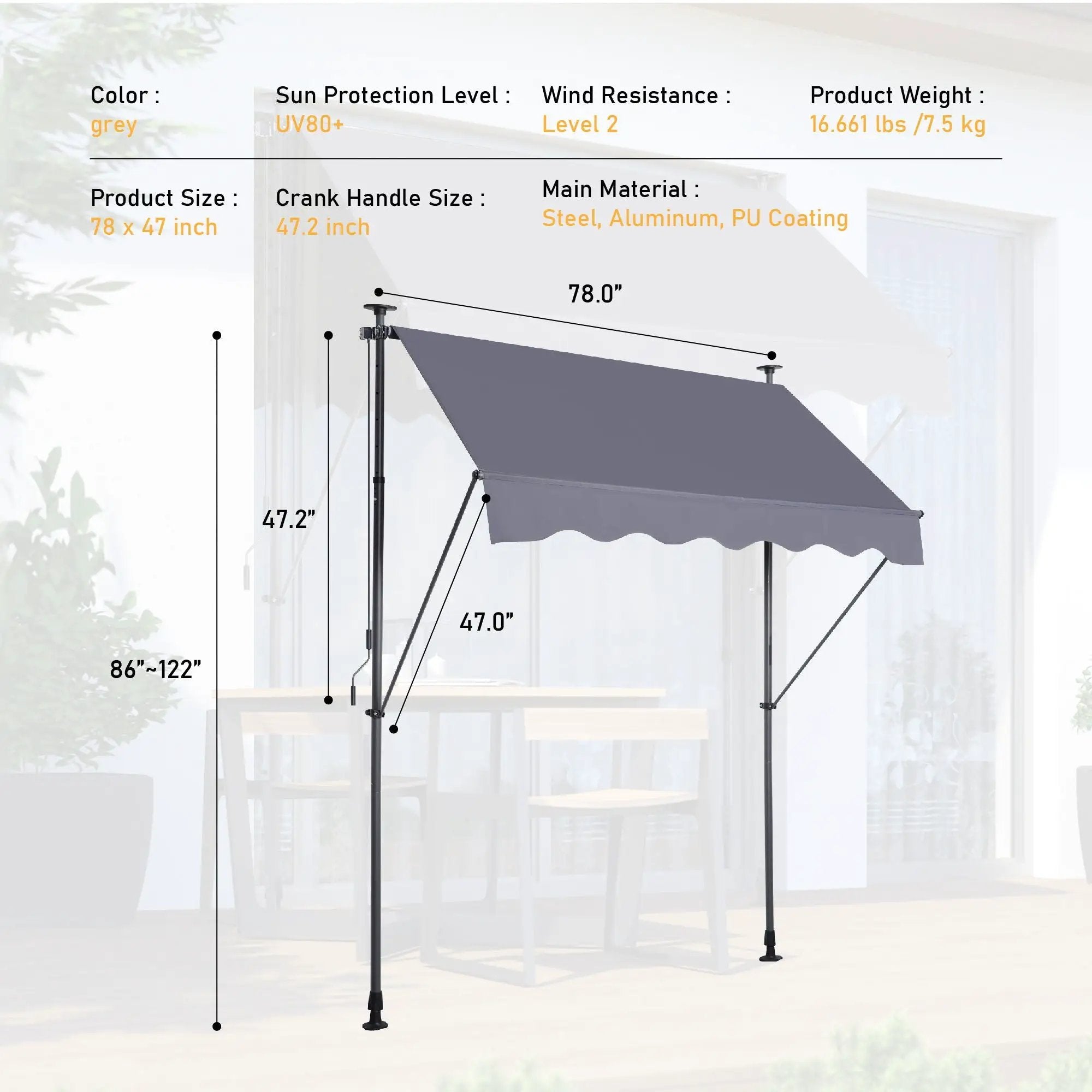Manual Retractable Patio Awning, UV Resistant Sun Shade With No Drill Installation by Unique Piece Furniture