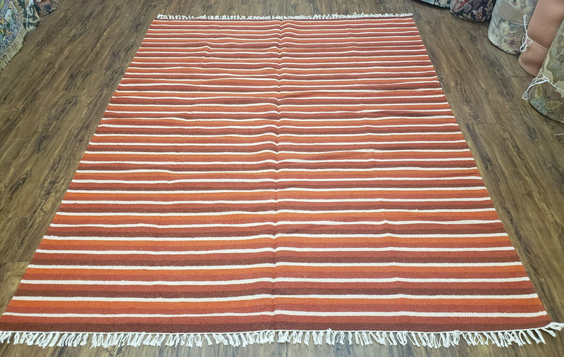 Large Striped Woolen Handmade Throw Blanket, Twin Size Bedding Hand-Woven, Indian Kilim Area Rug, 6x8 - 7x8, South American Style Textile by Jewel Rugs