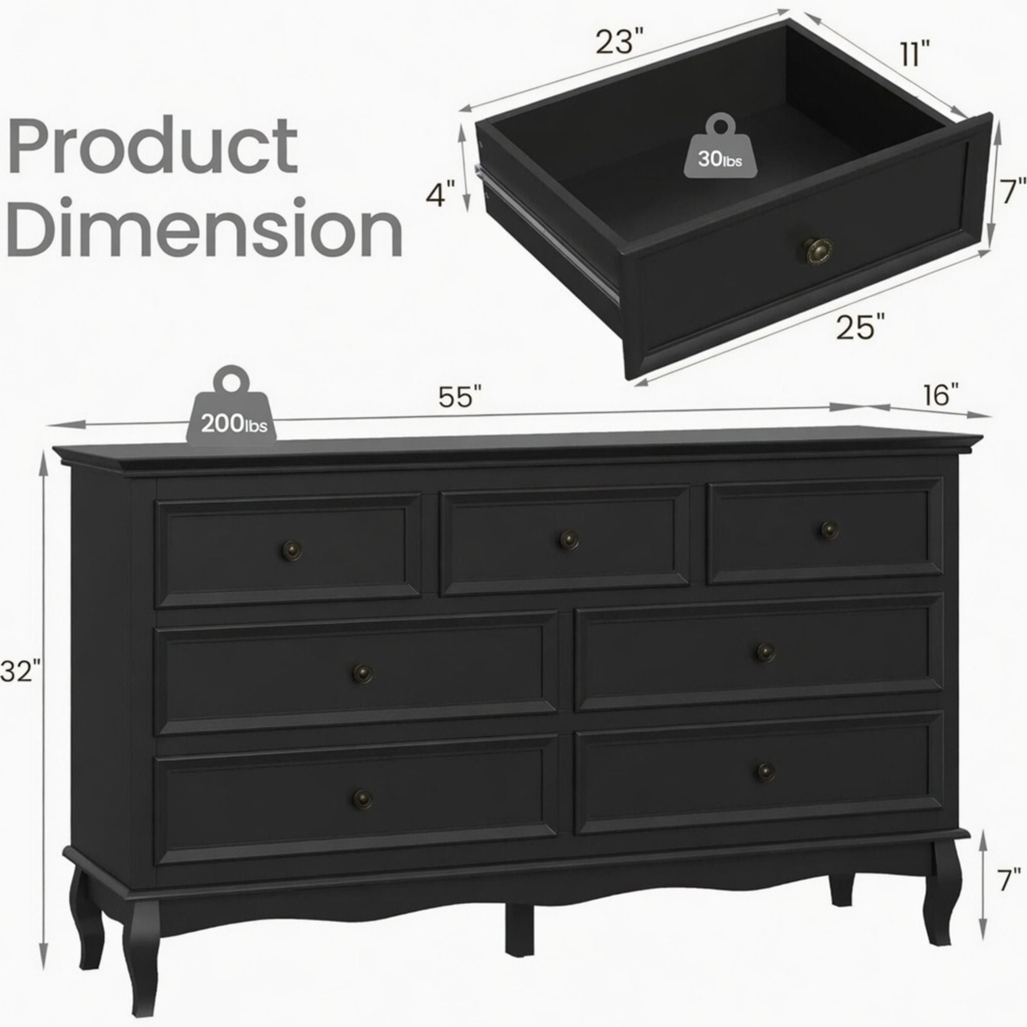 7 Drawer Dresser, Storage Chest - Black by HouseOfZazla