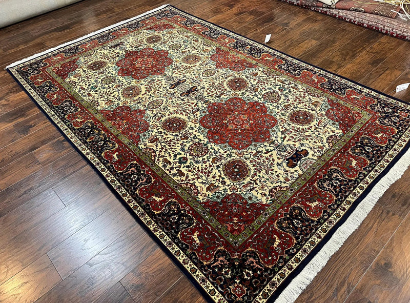 Wonderful Sino Persian Rug 6x10 with Animal Pictorial Motifs, Cream Dark Red Navy Blue, Birds Gazelles, Two Medallions, Top Quality Handmade by Jewel Rugs