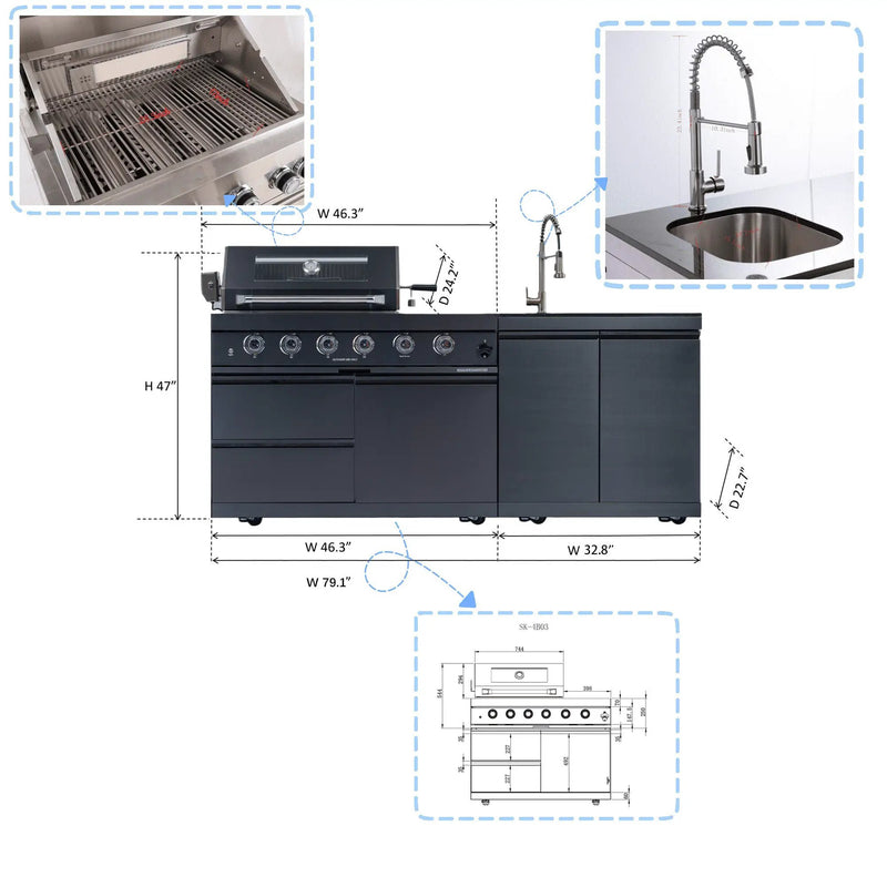 79" 4-Burner 72,000 BTU Black Outdoor Kitchen Island Grill + Side Burner + Rotisserie kit +Sink by Chery Industrial