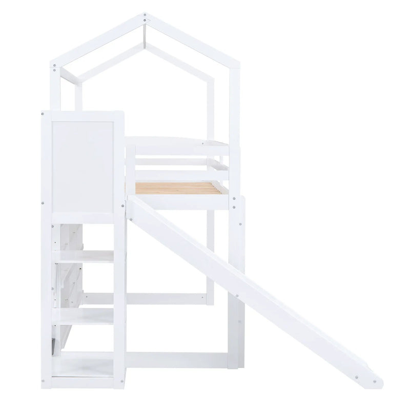 House Loft Bed With Slide, Storage Shelves And Light, Climbing Ramp by HouseOfZazla
