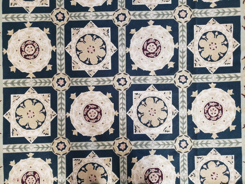 Vintage Chinese Needlepoint Rug 6x9, Panel Design Area Rug Wool Hand-Woven Black & Ivory Carpet Flat Weave Bedroom Rug 6 x 9 Living Room Rug by Jewel Rugs
