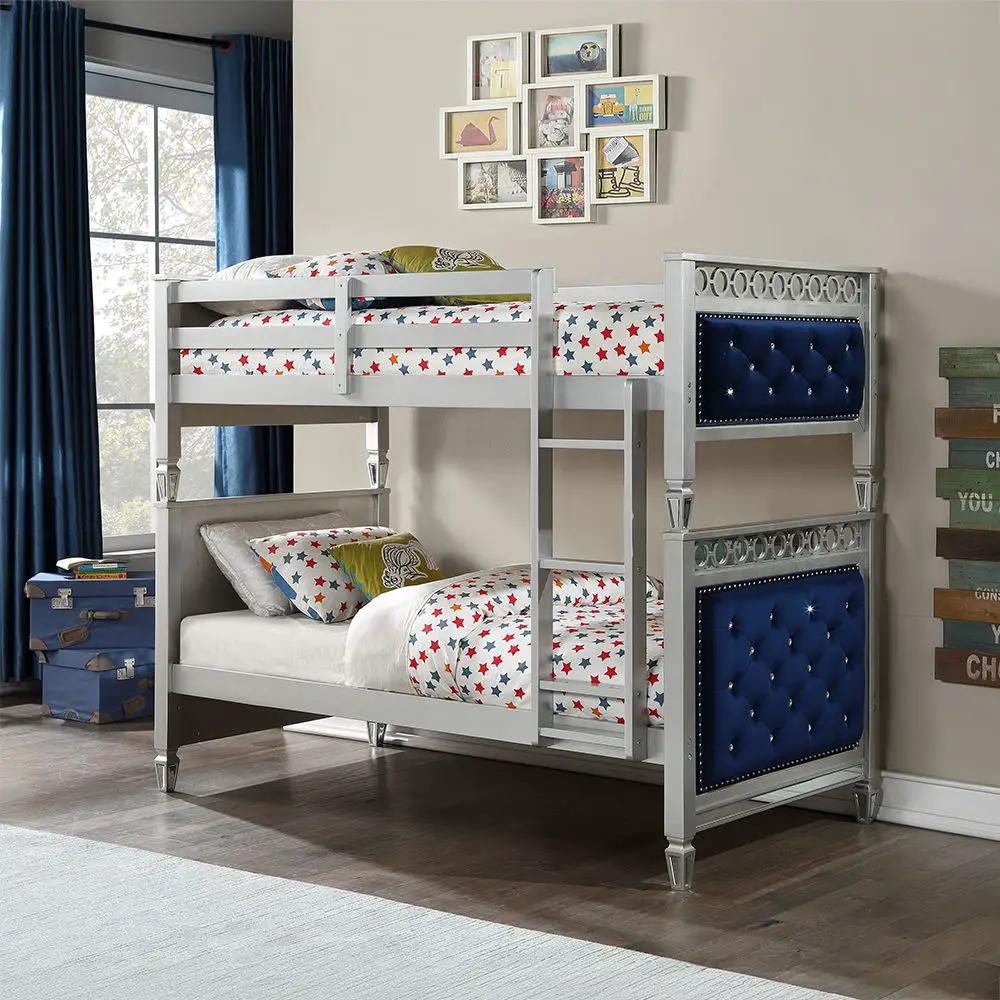 Varian - Twin Over Twin Bunk Bed - Blue Velvet & Silver by Unique Piece Furniture