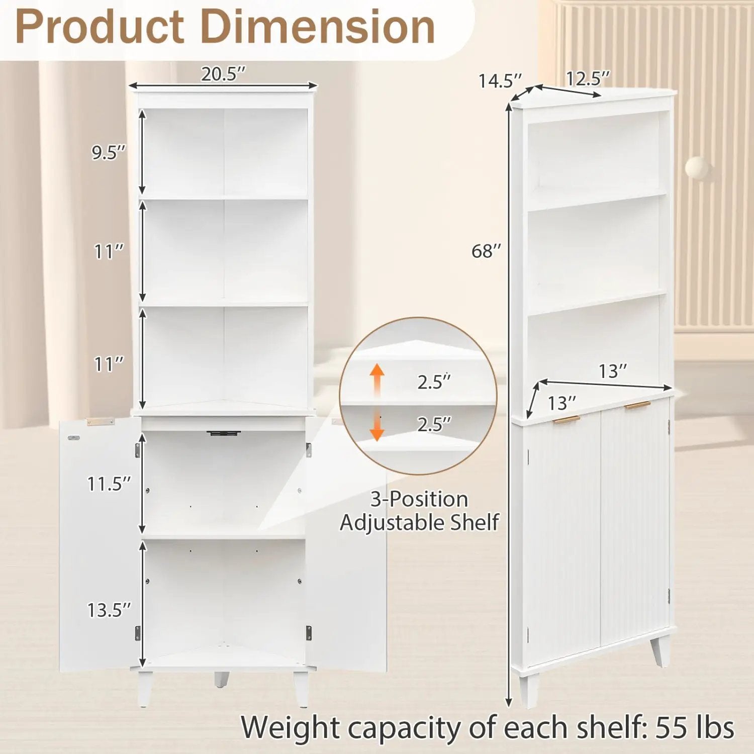 68 Inch Tall Bathroom Floor Storage Cabinet with Fluted Doors by DirectDeals