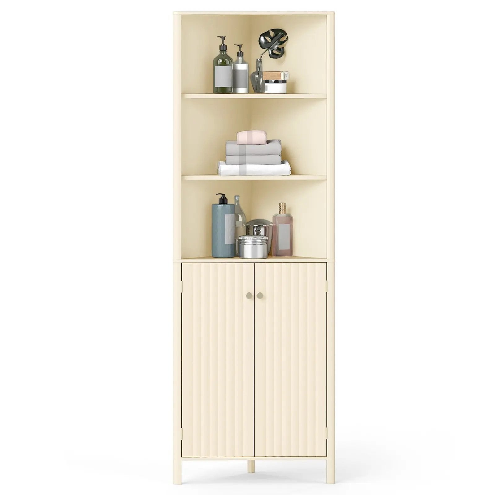 68 Inch Tall Corner Cabinet with 5 Shelves and 2 Fluted Doors for Bathroom-Beige by DirectDeals