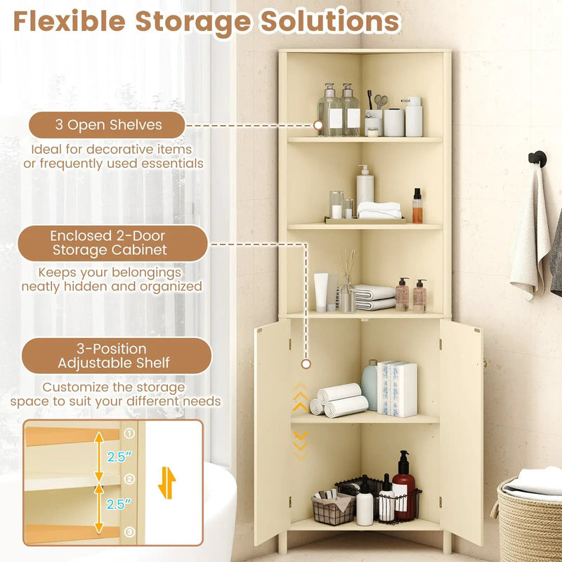 68 Inch Tall Corner Cabinet with 5 Shelves and 2 Fluted Doors for Bathroom-Beige by DirectDeals