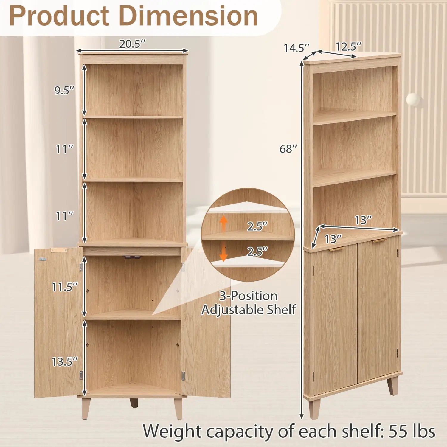 68 Inch Tall Corner Cabinet with Fluted Doors for Bathroom by DirectDeals