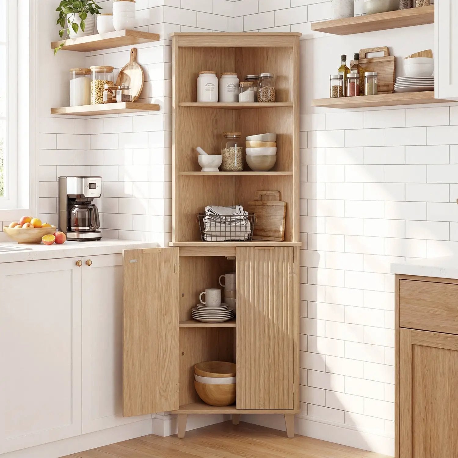68 Inch Tall Corner Cabinet with Fluted Doors for Bathroom by DirectDeals