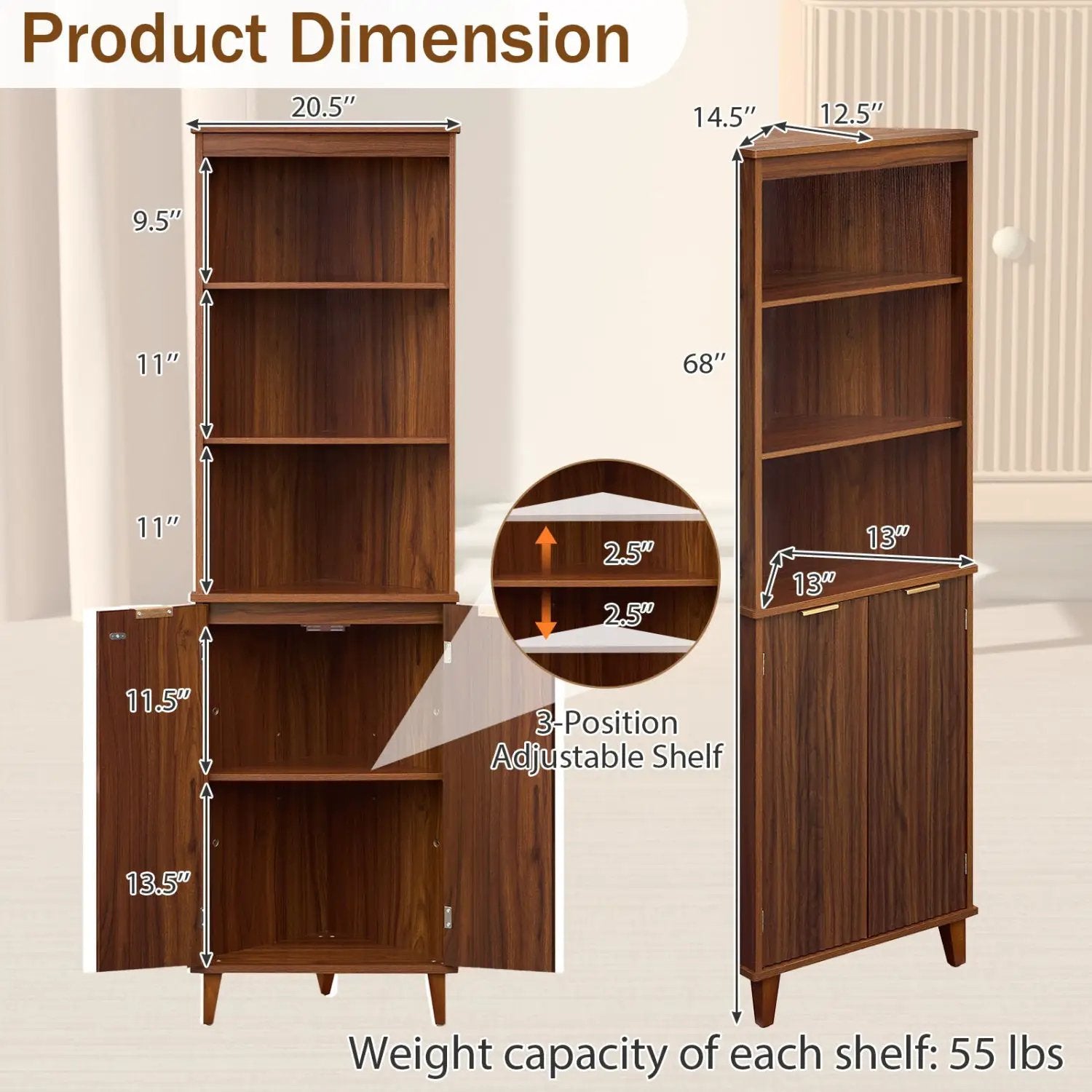 68 Inch Tall Corner Cabinet with Fluted Doors for Bathroom by DirectDeals